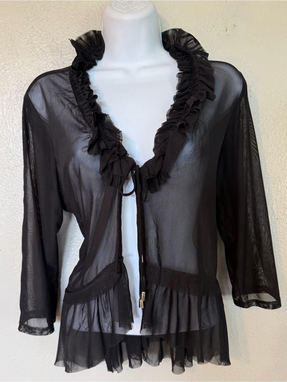 Early 2000's Euro Y2K Grunge Stretchy Mesh Black Ruffle Sheer Open Tie Front Top